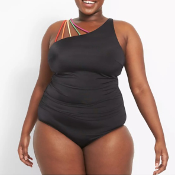 Cacique Other - Cacique Rainbow Strap Solid Black Lightly Lined One Piece Swimsuit SZ 24 NWT